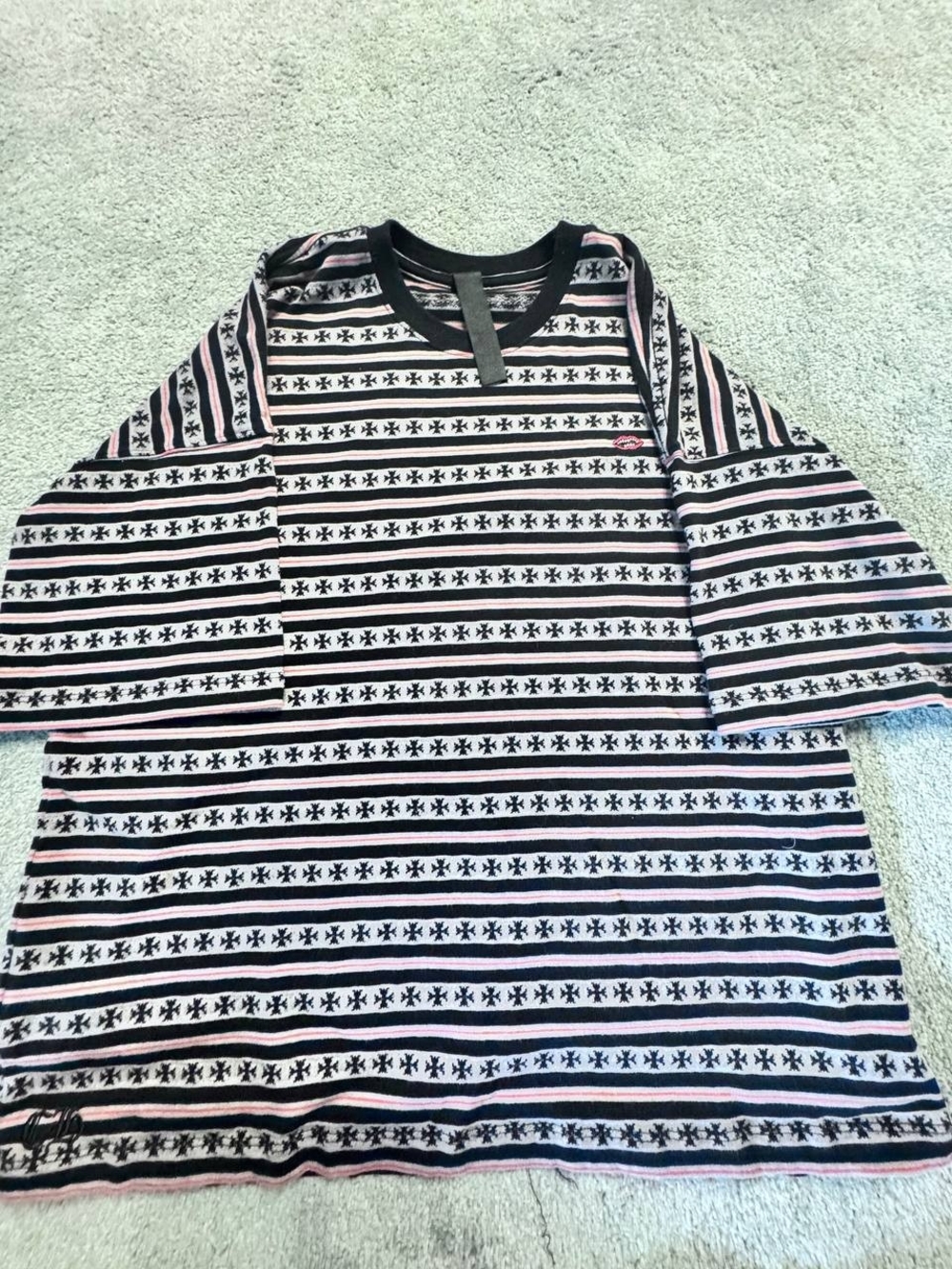 Chrome Hearts Striped Short-Sleeve Knit Top in Black, White & Light Pink